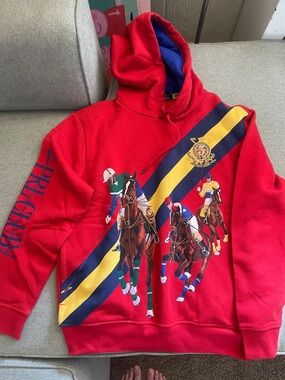 Ralph Lauren Red Hooded Sweatshirt with Navy and Yellow Stripes and Polo Graphic